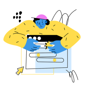 Playful illustration of a student in a yellow sweatshirt working on an exaggerated computer screen.