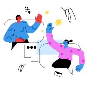 Bright color, playful illustration of two students high-five each other.