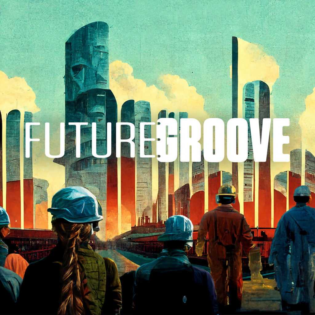 Logo for the Future Groove podcast with an industrial setting with illustrated workers walking toward power plant.